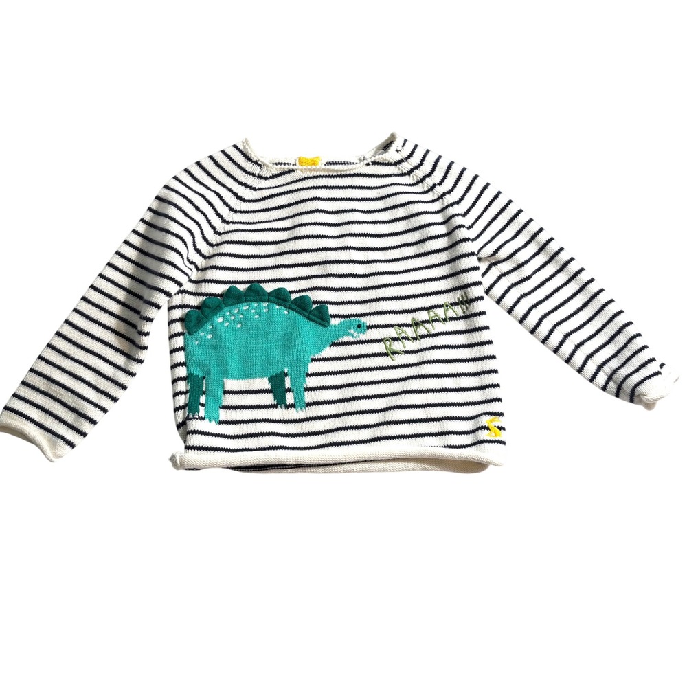 Joules Kids' White and Black Striped Dino Sweater in Size 12-18m
